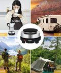 Scenes showing 500W Mini Electric Hot Plate in use at home, RV, travel, and camping settings with nature views.
