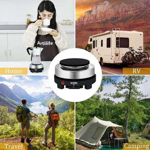 Scenes showing 500W Mini Electric Hot Plate in use at home, RV, travel, and camping settings with nature views.