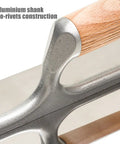 Pro Grade Stainless Steel Venetian Plaster Trowel Set 3 Piece Polished Finish With Beveled Edges, close-up of wood and aluminum handle