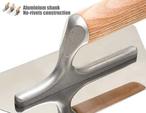 Pro Grade Stainless Steel Venetian Plaster Trowel Set 3 Piece Polished Finish With Beveled Edges, close-up of wood and aluminum handle