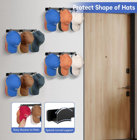 Heavy Duty Wall Mounted Hat Rack Four Pack, Slick Cap Organizer For Baseball Snapback Trucker Hats And Visors, No Drill Closet Storage Solution In Black With Three Easy Mount Options For Game Rooms Or Hallways