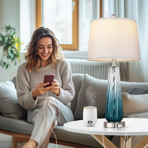 Teal Glass Table Lamp With USB A and C Ports, 3 Way Dimmable Touch Control Nightstand Light, White Linen Shade, 27.5 Inch Tall