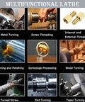 Metal lathe with dual chuck and bench mount; 8x31in; 1100W motor; collage of turning, threading, and wood turning