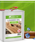 Pure Linseed Oil For Wood 100 Percent Natural And Food Safe For Indoor Furniture Care in a 2.5L metal container with a red handle