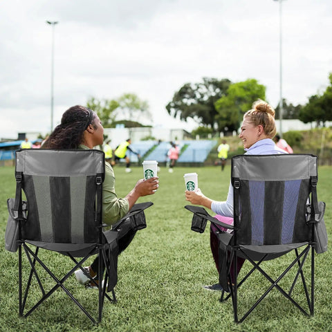 2 Pack Foldable Outdoor Camping Chairs With Built In Cooler Pouch Ultra Comfy Cushioned Seats Mesh Backrest And Cup Holder Pocket In Grey