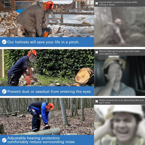 Person using Pro-Grade All-In-One Six-In-One Chainsaw Helmet Kit With Mesh Face Shield And Earmuff Hearing Protection for forestry work