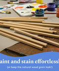 Premium Square Wood Dowel Rods For Serious Crafting And Diy Woodworking Projects Hella Durable 3/8 Inch By 18 Inch ready to paint on a craft table.
