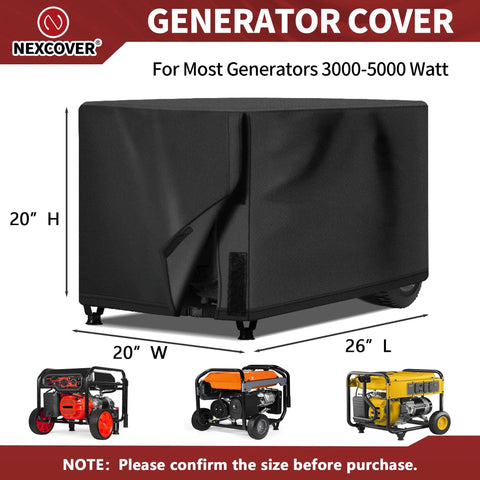 Kickass Universal Generator Cover Waterproof 26X20X20 Inches black cover for 3000 to 5000 watt generators displayed with dimensions.