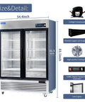 54 Inch Wide Commercial Reach In Display Refrigerator Featuring Dual Tempered Glass Doors with stainless steel interior and shelves.