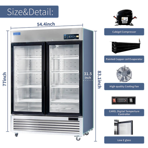 54 Inch Wide Commercial Reach In Display Refrigerator Featuring Dual Tempered Glass Doors with stainless steel interior and shelves.