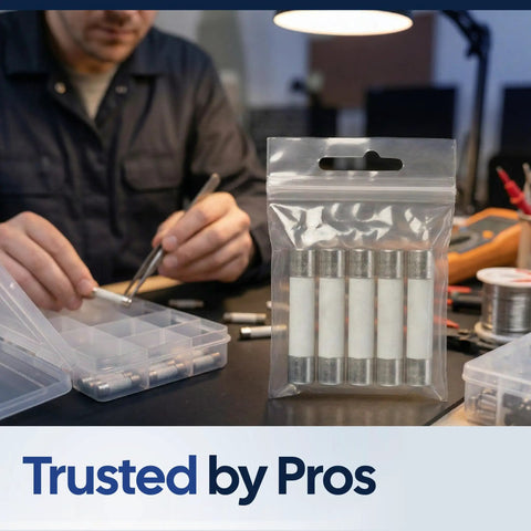Technician organizing 20 Amp Microwave Fuse 250V Slow Blow Replacement Universal Time Delay Safety Fuse in a workshop setting