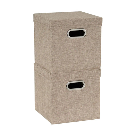 Heavy Duty Foldable Cube Storage Bins With Secure Snap Lids And Polished Chrome Handles In Warm Brown Linen Fabric For Closets Shelves And Bedroom Organization No Hassle Top Shelf American Craft, stacked view.