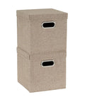Heavy Duty Foldable Cube Storage Bins With Secure Snap Lids And Polished Chrome Handles In Warm Brown Linen Fabric stacked for closet organization.