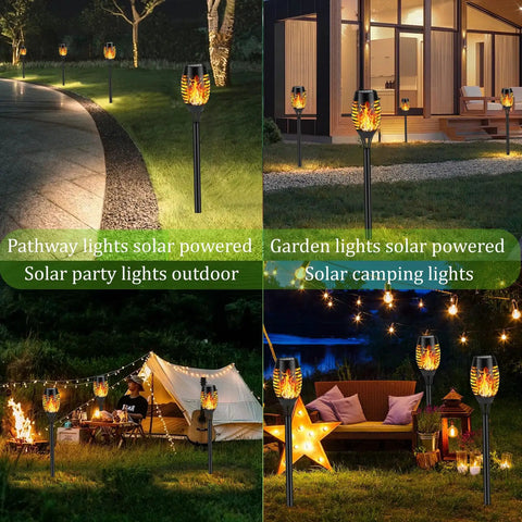 Solar Flickering Flame Outdoor Torch Lights For Garden Decor Waterproof 12 LED Torches illuminating pathways and yards