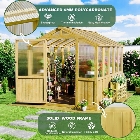 Sturdy 6x8 Ft Wood Greenhouse Kit Outdoor Heavy Duty Walk In Polycarbonate Backyard Garden Greenhouse With Advanced Roof Vent