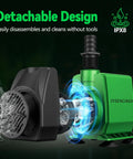 Forty Watt Ultra Quiet Fountain Submersible Pump With Up To 800 GPH Flow And 10 Ft Lift, 3 Nozzles, detachable design