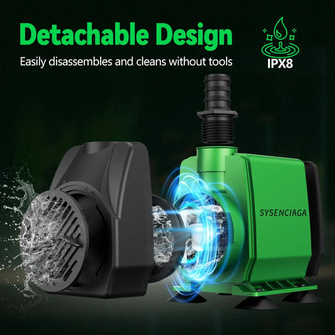Forty Watt Ultra Quiet Fountain Submersible Pump With Up To 800 GPH Flow And 10 Ft Lift, 3 Nozzles, detachable design