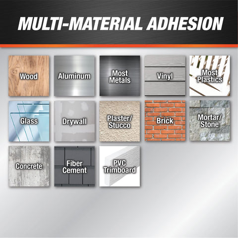 Alex Flex Premium Molding And Trim Siliconized Sealant White 10.1 Oz for multi-material adhesion information chart.