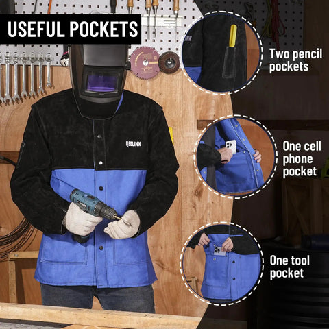 Person wearing a Split Leather Sleeves Welding Jacket With 10oz FR Cotton Body, highlighting pockets, in workshop, large size