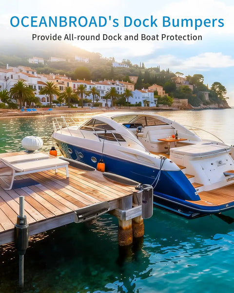 Rig Ready Ultra Heavy Hitter 17 Inch Horizontal Dock Fenders Marine Grade Inflatable Bumpers on a wooden dock by a boat.