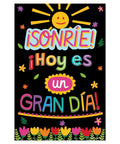 Colorful Spanish motivational poster with '¡Sonríe! Hoy es un gran día' on black backing, part of 12 Poster Spanish Motivational Classroom Set.