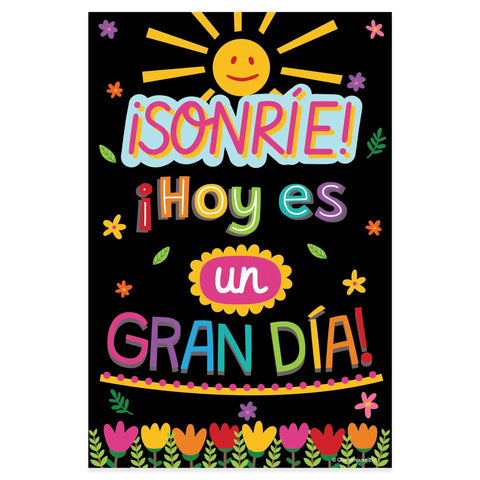 Colorful Spanish motivational poster with '¡Sonríe! Hoy es un gran día' on black backing, part of 12 Poster Spanish Motivational Classroom Set.