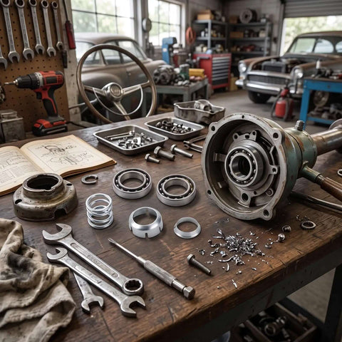 Upgrade Your Ride With Durable Tilt Steering Column Upper Bearing Kit 119586, steel bearing parts on workbench