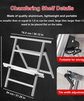 Chamfering shelf details, lightweight aluminum construction, foldable design for storage, measuring 76.5 cm x 54 cm x 85 cm.