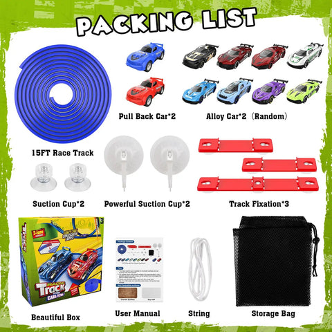 Flexible 15Ft Race Car Track for Kids Dope Roll Up Portable Racetrack with 4 Cars and Suction Cups included packing list items