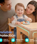 Knockout Baby Proofing Corner Guards And Edge Protective Tape 16 Feet Clear Cabinet Safety Strip With Four Rounded Corner Caps No Sweat Install Design That Delivers Sweet Peace Of Mind For Busy Parents On Go, shown on a table with a child.