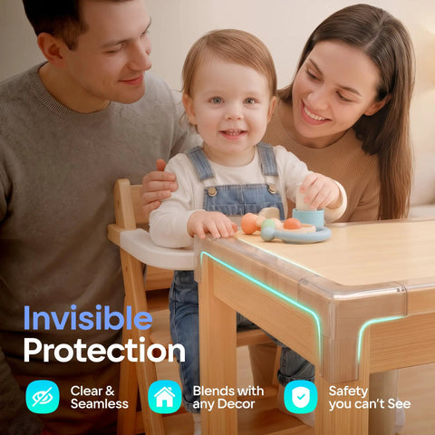 Knockout Baby Proofing Corner Guards And Edge Protective Tape 16 Feet Clear Cabinet Safety Strip With Four Rounded Corner Caps No Sweat Install Design That Delivers Sweet Peace Of Mind For Busy Parents On Go, shown on a table with a child.