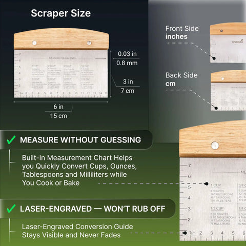 Dimensions of All Purpose Bench Scraper For Dough And Pizza Stainless Steel Heavy Duty Griddle Chopper with measurement guide.