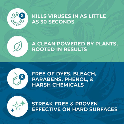 Infographic on Plant Based Disinfecting Wipes highlighting quick virus kill, plant-powered, chemical-free, and effective cleaning.