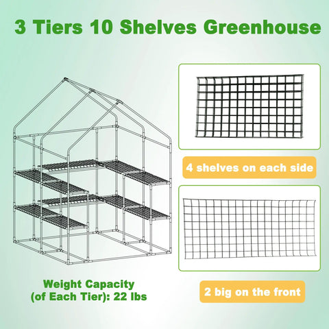 Walk-In Greenhouse With 57x61x80 Inch Footprint, 3 Tiers And 10 Shelves, Backyard Ready Garden Hot House Frame and Shelf Diagram