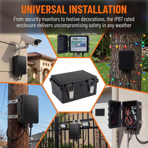 Outdoor IP67 Waterproof Electrical Junction Box Enclosure Heavy Duty ABS Plastic Weatherproof Project Box With Stainless Steel Latches And Brackets Black Hinged Cover Mounting Plate 5.9x5.9x3.5 Inches for outdoor wiring and cameras