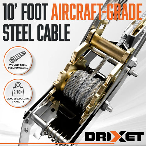 Heavy Duty Come Along Winch 2 Ton Hand Puller with 10ft cable and pulley dual gear ratchet system close-up showing steel cable