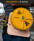 Aluminum Tie Wire Reel Kit With Diagonal And Lineman Pliers Reel Pad And Safety Belt in use on worker's safety belt
