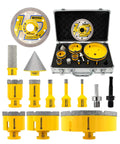13-Piece Diamond Tile Hole Saw Kit For Ceramic Porcelain Granite Marble with core bits, adapters, and case