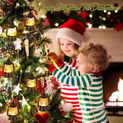 Children decorating Christmas tree with 12 Pack Mini Lantern Decor 4 Inch Western Style Table Centerpiece Party Lanterns Black
