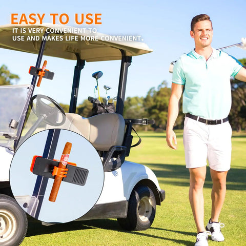 Image of a man by a golf cart using a 3 Pack Cigar Holders For Golf Carts Durable ABS Plastic Golf Cart Accessories Rust Resistant Cigar Gifts.