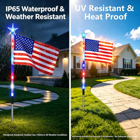 Patriotic Solar Pathway Lights Eight Pack With Red White Blue LEDs With American Flag Outdoor Waterproof Yard Decor