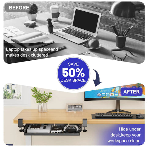 Sliding Under Desk Laptop Mount No Drill Setup With Slick Metal Storage Shelf For Grab And Go Access And Hidden Workspace Saver Desk Game Changer Maximizes Home Office Without Clutter Or Damage before and after desk space transformation