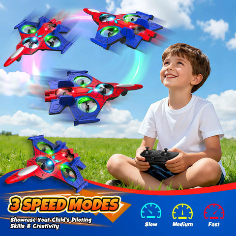 Child flying Spider Mini Drone Foam RC Plane with LED Lights 2.4GHz remote control, performing 360 degree stunts in grass field.