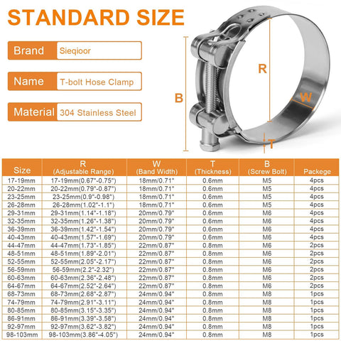 Heavy duty stainless steel T-bolt hose clamp size chart with specifications for adjustable range, band width, thickness, and screw type.