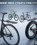 Adjustable Rear Bike Carrier Rack With 20Lb Capacity Universal Extendable Aluminum Cargo Rack for multiple bike types viewed on road, mountain, commuter, and fat bikes.
