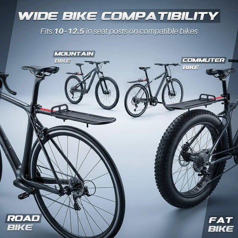 Adjustable Rear Bike Carrier Rack With 20Lb Capacity Universal Extendable Aluminum Cargo Rack for multiple bike types viewed on road, mountain, commuter, and fat bikes.