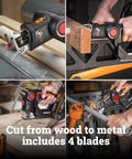 Cordless Reciprocating Saw And Jigsaw Powerhouse 20V Tool includes four multi material blades cutting wood and metal.