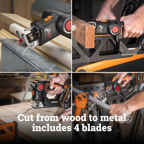 Cordless Reciprocating Saw And Jigsaw Powerhouse 20V Tool includes four multi material blades cutting wood and metal.