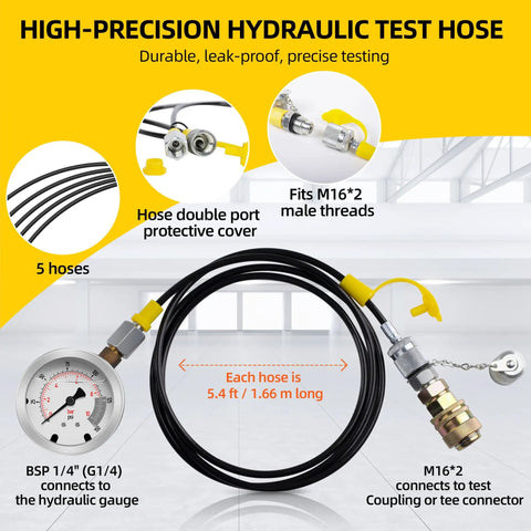 Hydraulic Pressure Test Kit for Excavators, Loaders and Heavy Machinery With Five Non Yellowing Gauges, Twelve Test Couplings, Fourteen Tee Connectors, Carter Quick Connector, Five Hoses and Portable Storage Case 5 hoses, 5.4 ft hydraulic test hose