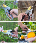 Ratcheting Garden Pruners For Easy Pruning Of Roses Flowers Hedges And Trees With Germany Titanium Blades cutting branches and flowers.